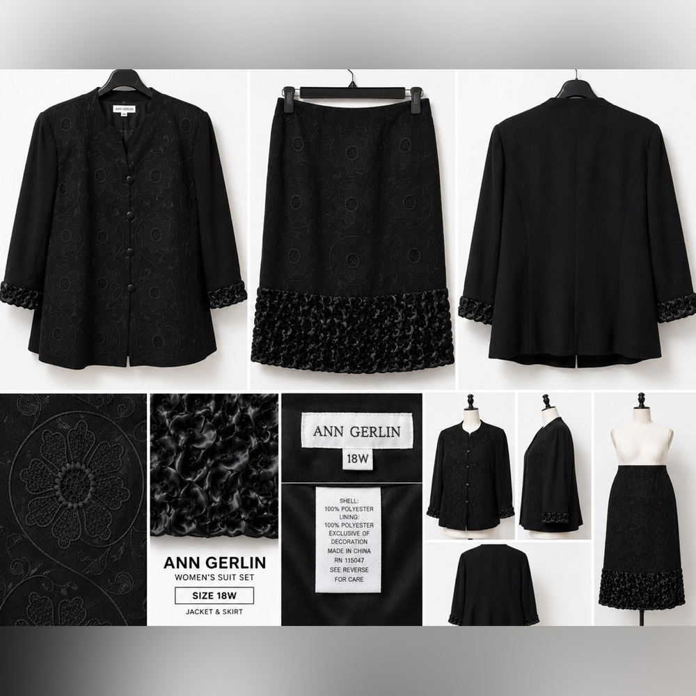 Vintage Ann Gerlin Black Embroidered 2-Piece Skirt Suit Set